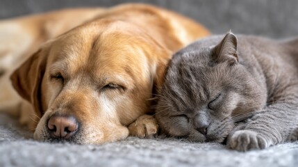 Two sleeping pets, dog and cat, cuddling on a couch, showing friendship, suitable for animal lovers