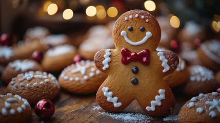 Fototapeta premium A jolly gingerbread man, sporting a wide, toothy smile and a red bow tie that tied him in a perfect knot, stood ready to embark on his merry adventure 