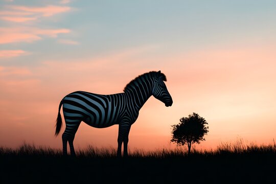 A zebra standing in silhouette against a pink and orange sunset with a small tree nearby