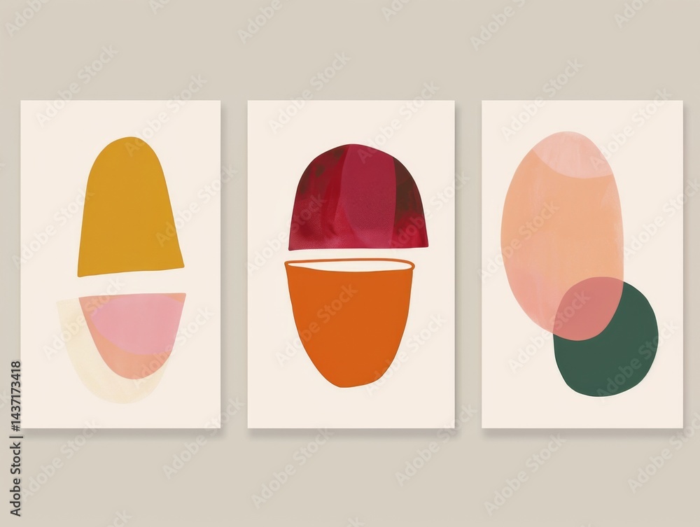 Poster set of three minimalist abstract wall art prints with simple geometric shapes and vibrant color pale