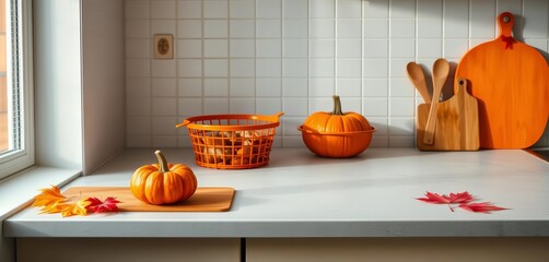 Empty autumnal kitchen counter, orange basket, pumpkin chopping board, maple leaf, minimal setting, empty, counter