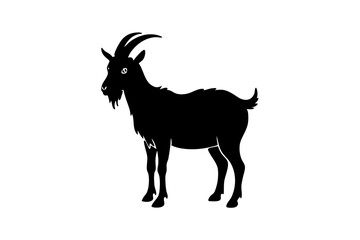 Silhouette vector illustration of a goat standing on a white background, goat, silhouette, vector, animal, livestock, farm animal, horned, black and white, illustration, mammal, domestic animal