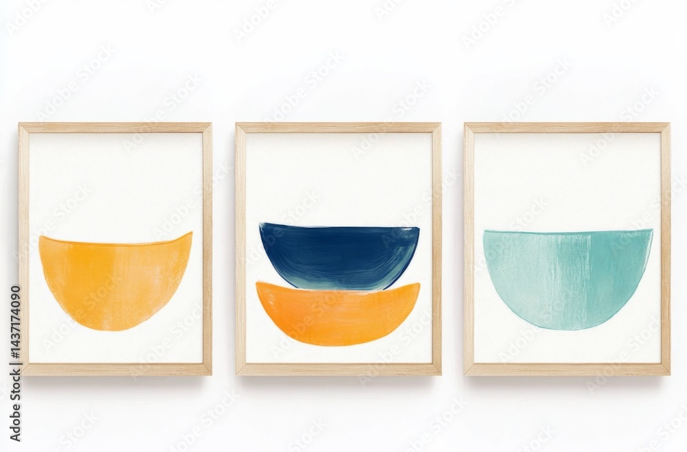 Poster set of three minimalist abstract wall art prints with simple geometric shapes and vibrant color pale