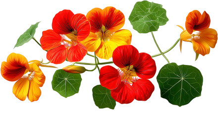 Fototapeta premium Vibrant Illustration of Red and Orange Nasturtium Flowers with Green Leaves on a Transparent Background