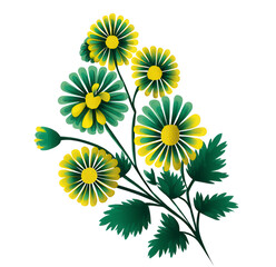 Vibrant Illustration of Yellow and Green Flowers With Lush Leaves on Transparent Background