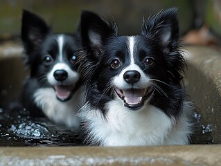 Two happy black-and-white dogs swimming
