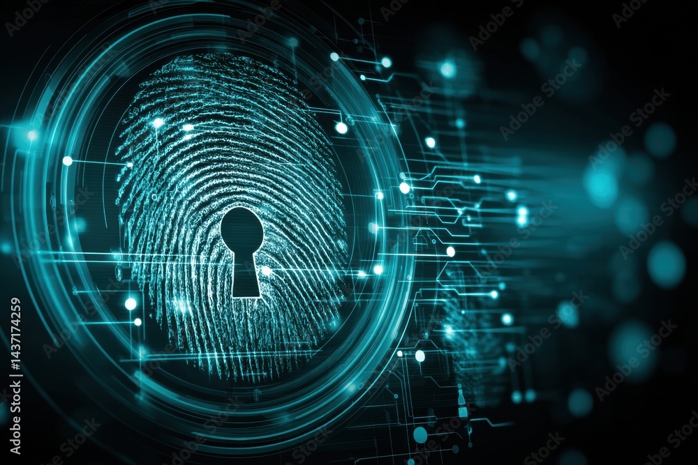 Aufkleber holographic padlock with fingerprint symbolizing advanced cybersecurity in a digital landscape