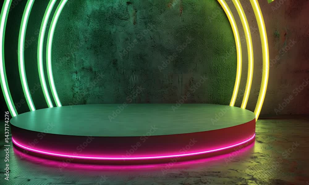 Poster 3d rendering of green neon light arches on a dark background with an empty podium for product presen