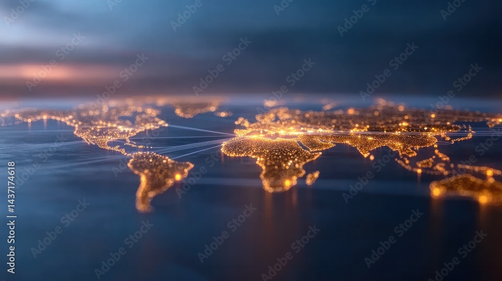 Poster global connectivity: a mesmerizing, artistic rendering of the earth from space, illuminated by a net