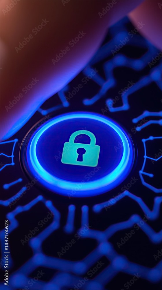 Poster secure glowing lock button pressed by finger, digital security concept, blue circuit background
