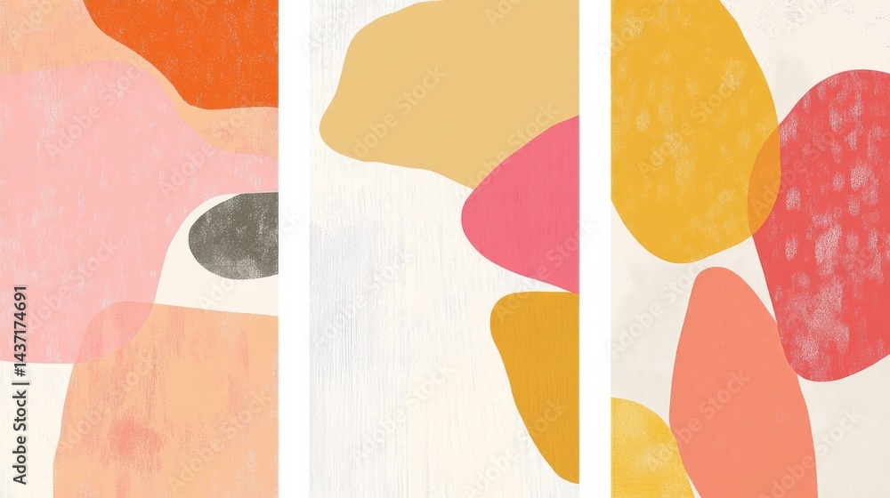 Poster set of three minimalist abstract wall art prints with simple geometric shapes and vibrant color pale