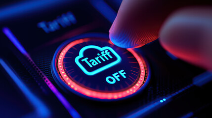 Hand pressing glowing tariff button, futuristic control panel, illuminated, close up, technology