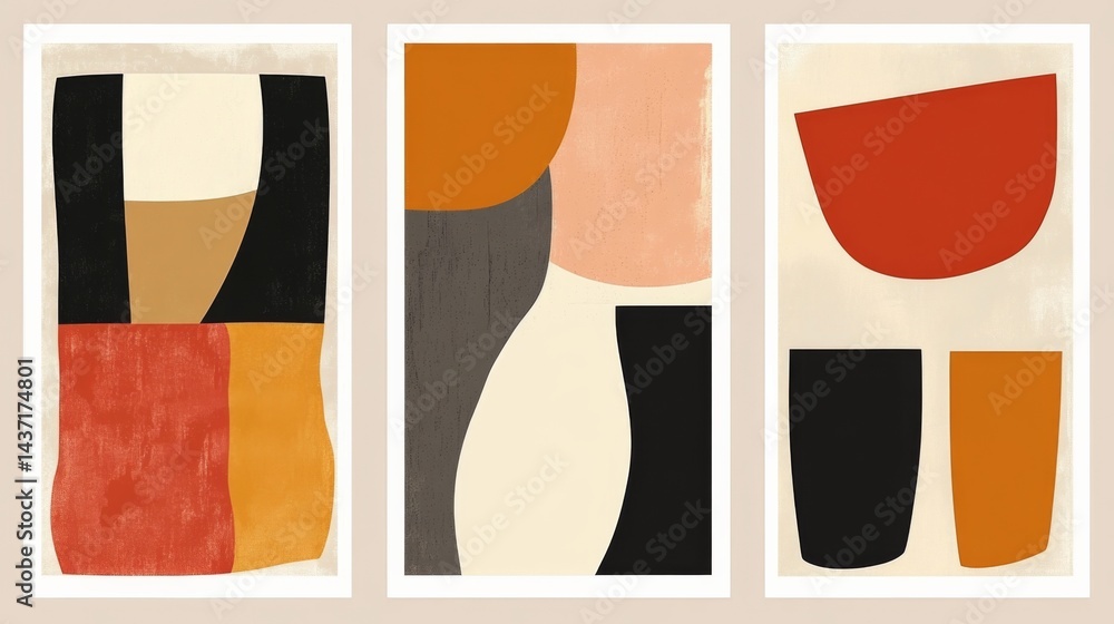 Poster set of three minimalist abstract wall art prints with simple geometric shapes and vibrant color pale