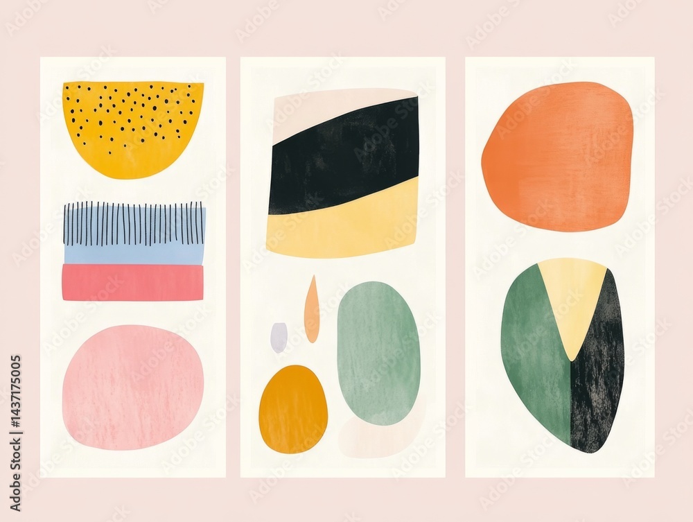 Poster set of three minimalist abstract wall art prints with simple geometric shapes and vibrant color pale