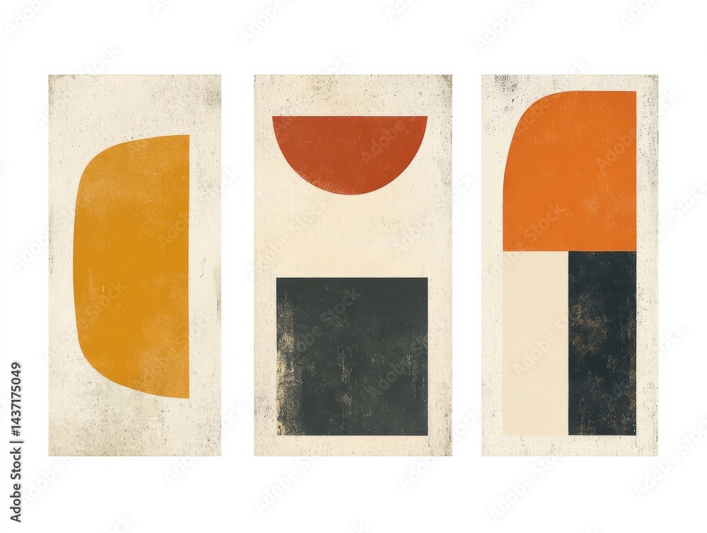 Poster set of three minimalist abstract wall art prints with simple geometric shapes and vibrant color pale