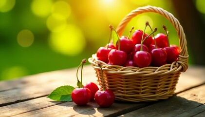 Fresh cherries in a wicker basket on a wooden table with sun rays, healthy, organic