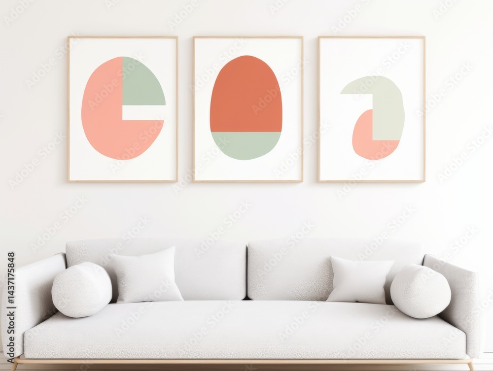 Poster set of three minimalist abstract wall art prints with simple shapes and vibrant forms in a colorful 
