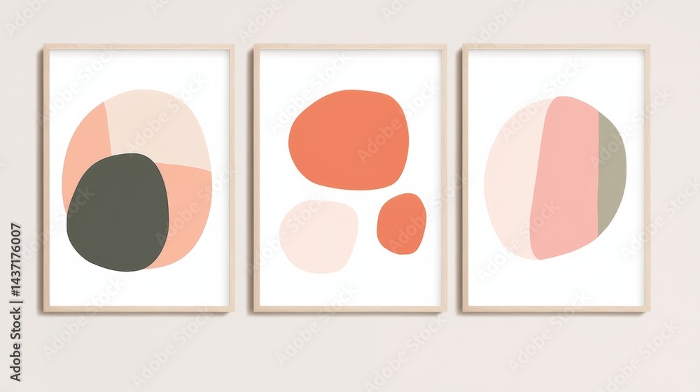Poster set of three minimalist abstract wall art prints with simple geometric shapes and vibrant color pale