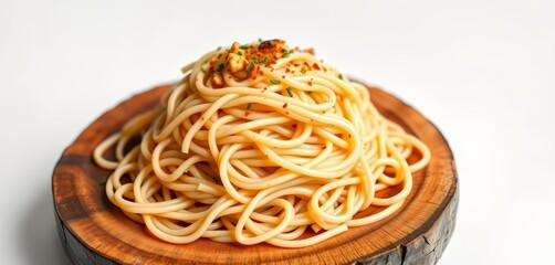 A mound of thick, chewy udon noodles rests on a rustic wooden plate against a pristine white backdrop, udon,  Japanese