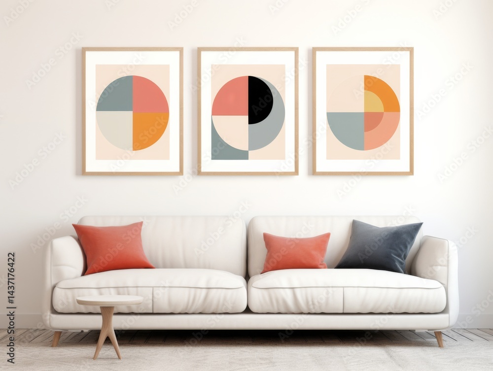 Poster set of three minimalist abstract wall art prints with simple shapes and vibrant forms in a colorful 