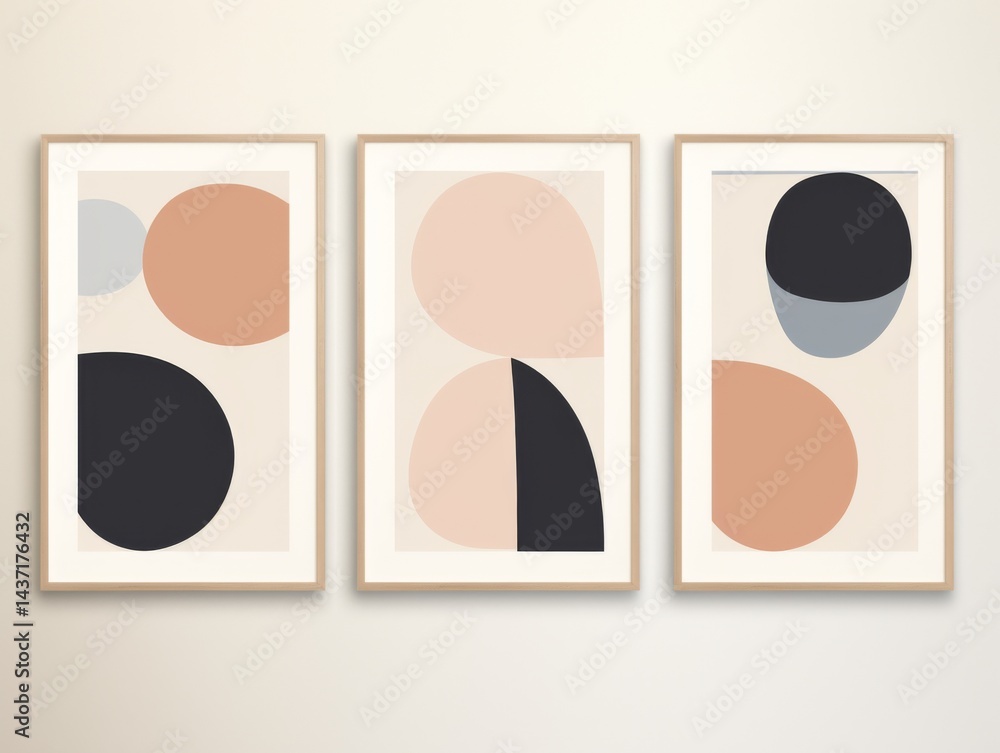 Poster set of three minimalist abstract wall art prints with simple geometric shapes and vibrant color pale