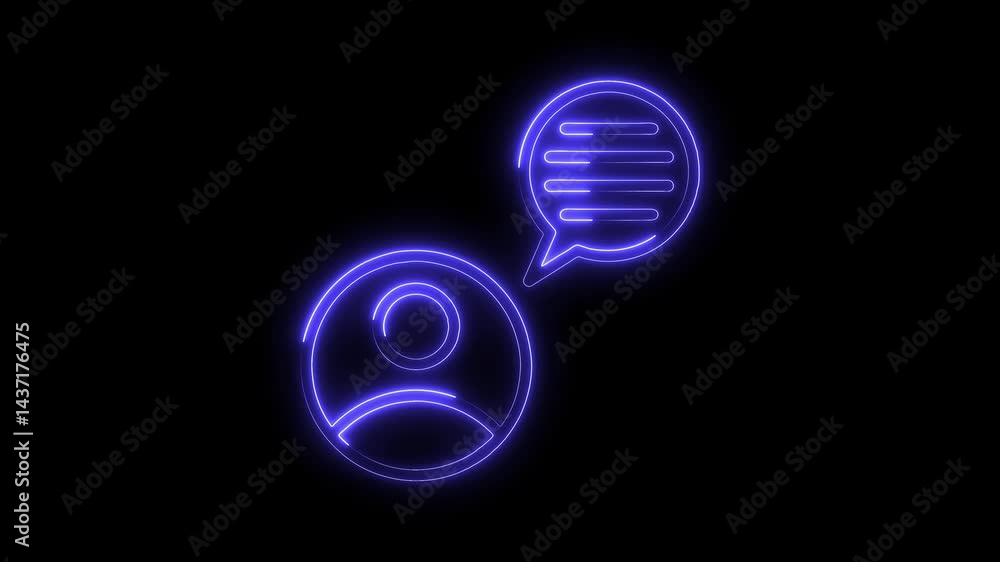 Poster Neon user profile icon with speech bubble glowing on black background animation suitable for communication technology and modern ui designs