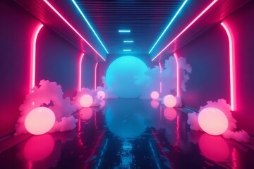 Futuristic neon room with glowing spheres and foggy ambiance, interior, glowing