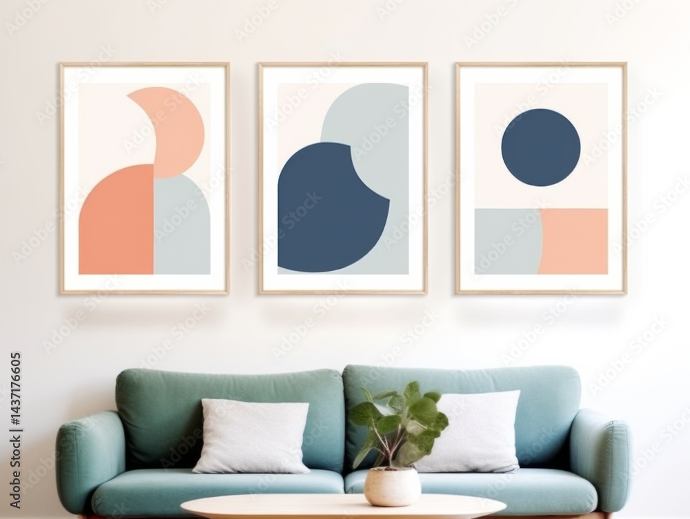 Poster set of three minimalist abstract wall art prints with simple shapes and vibrant forms in a colorful 