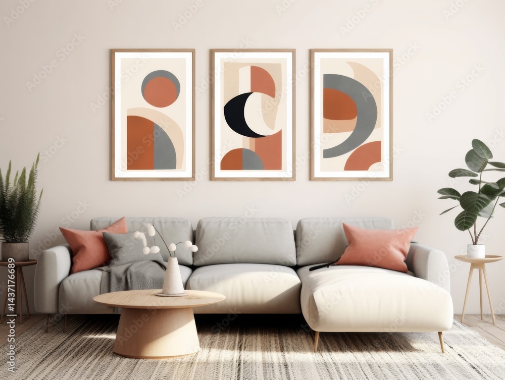 Poster set of three minimalist abstract wall art prints with simple shapes and vibrant forms in a colorful 
