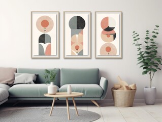 Set of three minimalist abstract wall art prints with simple shapes and vibrant forms in a colorful boho style