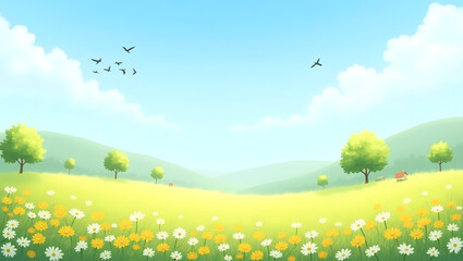 A peaceful countryside scene with a meadow full of yellow and white wildflowers, a few lush green trees scattered around, distant soft hills, and a bright sky with fluffy clouds