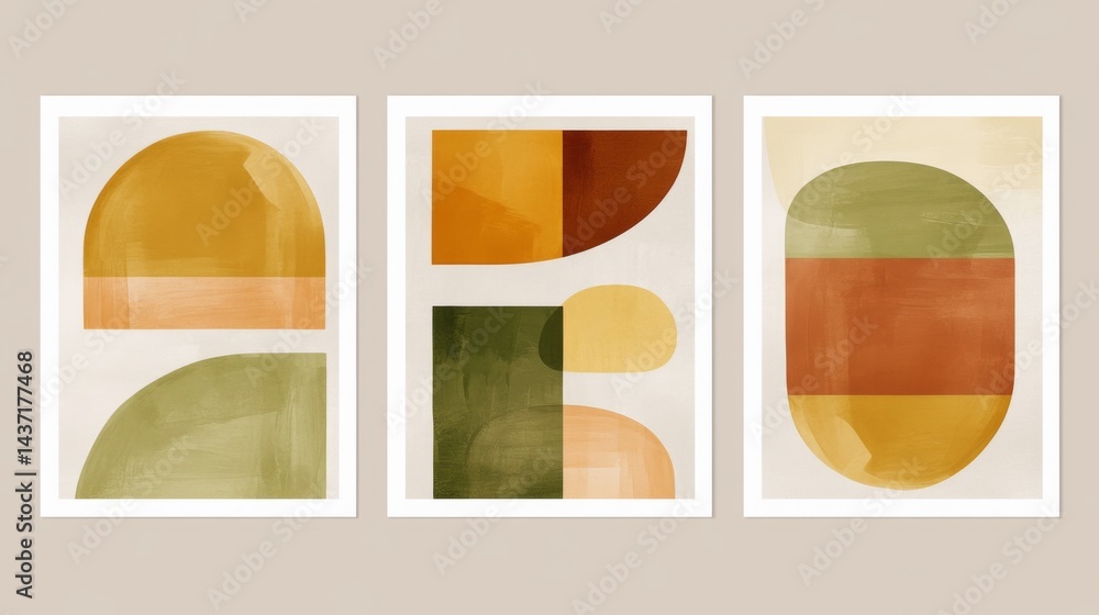 Poster set of three minimalist abstract wall art prints with simple geometric shapes and vibrant color pale
