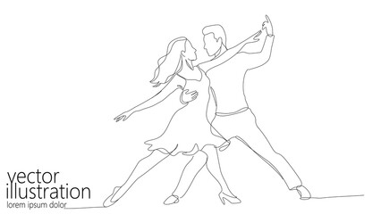 Continuous line drawing couple dancing. Woman wears dress man wears pants. Dance studio events wedding invitations cards. Minimalist style line art front view on white background