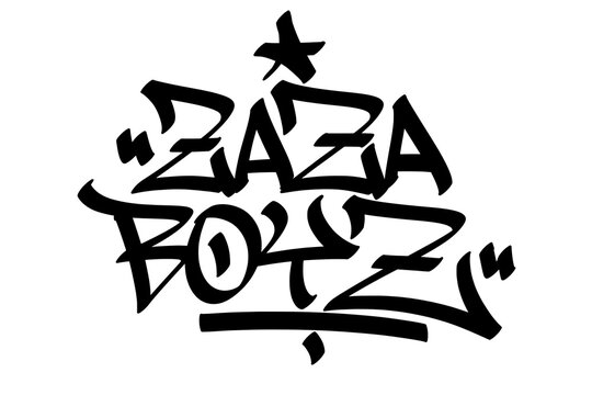 "Zaza Boyz" graffiti tag in bold, street art style. Hand-drawn lettering with a cool, rebellious vibe, perfect for cannabis culture, stoner themes, streetwear designs, and vibrant urban art projects.