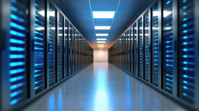 Server room corridor with rows of dark metal cabinets lit by blue lights, reflecting on the floor
