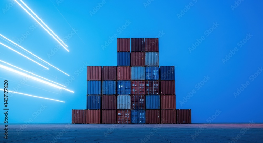 Poster abstract composition of stacked cubes with dynamic light effects and blue background