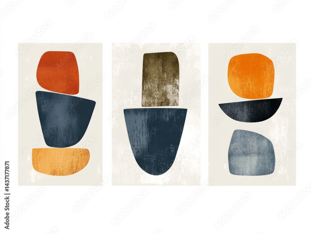 Poster set of three minimalist abstract wall art prints with simple geometric shapes and forms, featuring a