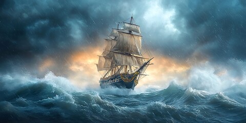 Fototapeta premium Intrepid pirate ship battling against a ferocious storm with dark clouds and high waves in the ocean