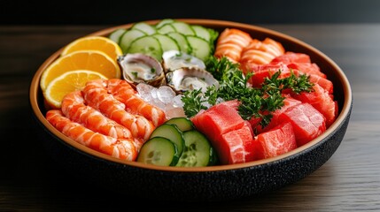 A colorful sashimi platter featuring shrimp, tuna, cucumber, oysters, salmon, lemon slices, and garnish, served fresh in a bowl.