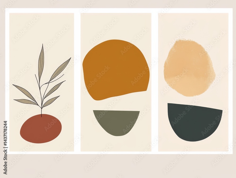 Poster set of three minimalist abstract wall art prints with simple geometric shapes and forms, featuring a