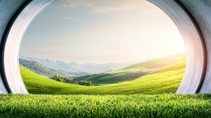 Fototapeta premium Scenic Vista: A breathtaking landscape framed by an architectural structure. Rolling hills, lush green fields, and the sun. A scene that evoke feelings of peace and wonder.