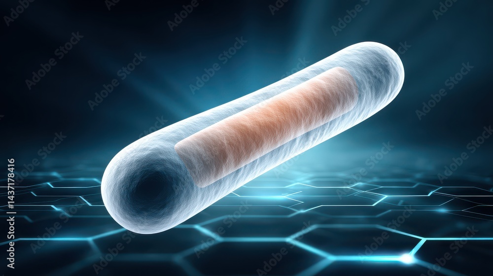 Poster high-tech 3d visualization of a myelin sheath surrounding an axon, set against a glowing digital hex