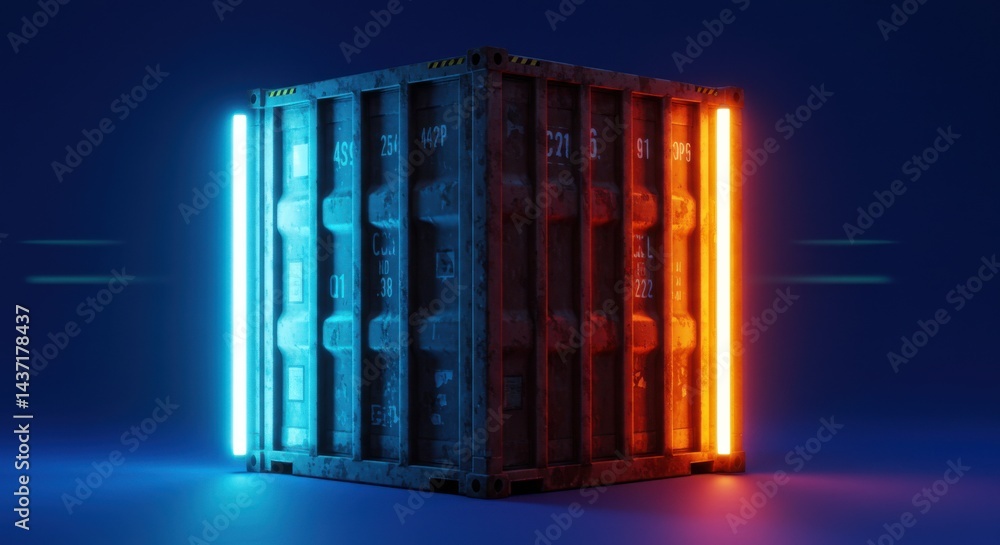 Poster abstract neon lit cube with contrasting colors and gradient background
