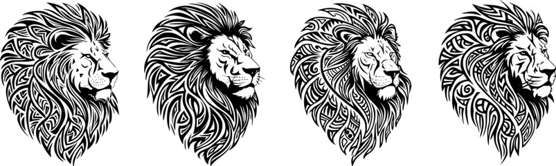 Obraz premium Majestic Lion Symbol of Strength and Legacy with Tribal Mane vector set - African Textile Inspired Design, Royalty and Heritage, Bold T-shirt Graphic Vector