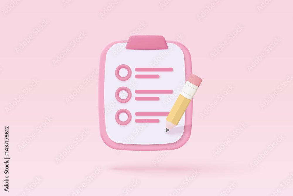 Aufkleber 3d white clipboard task management todo check list with pencil, efficient work on project plan, fast