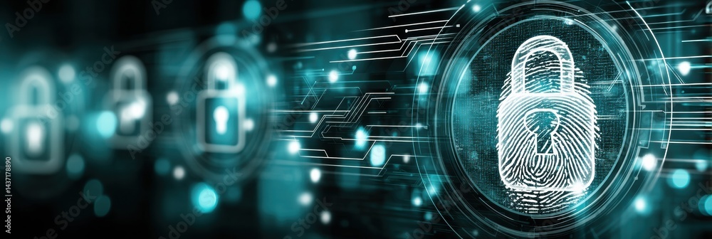 Aufkleber Holographic Padlock and Fingerprint Icon Representing Cybersecurity in a Digital Environment With Glowing Elements