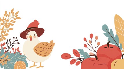 Autumn harvest Chicken in hat amidst fall foliage & apples