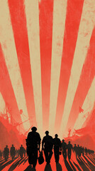 Fototapeta premium Classic vintage minimalist International Workers Day poster, silhouette image of workers walking on red and white striped background, ai generated images.