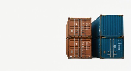 Cargo containers stacked brown and blue on a white background
