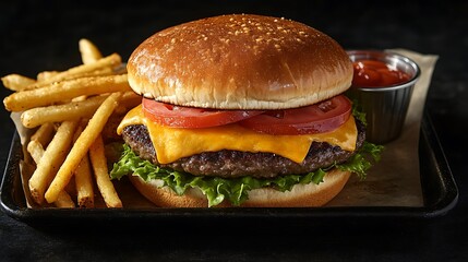 **Juicy American Cheeseburger With Melted Cheddar, Lettuce, Tomatoes, And Crispy Golden Fries, Styled On Rustic Tray For Fast Food Advertisement --Ar 16:9 --S 270** - @Darya (Relaxed)
